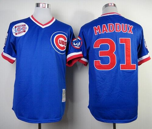 Mitchell and Ness Cubs #31 Greg Maddux Blue Throwback Stitched MLB Jersey - Click Image to Close